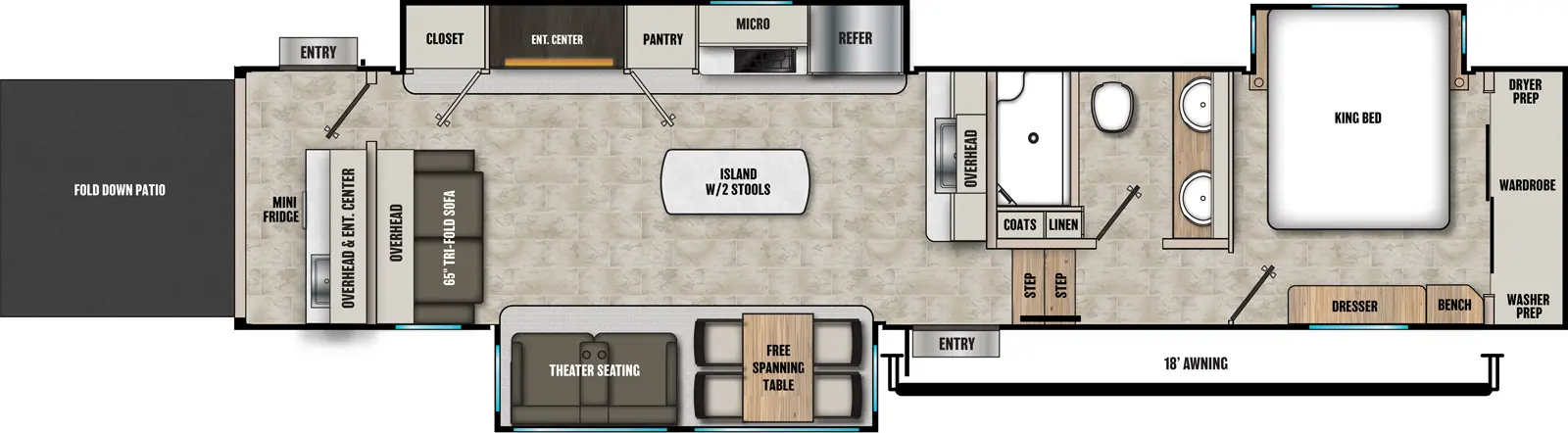 The Chaparral 389DEK floorplan has two entries and three slide outs. Exterior features include: fiberglass exterior and 18' awning. Interiors features include: kitchen island, free-standing dinette option, front bedroom and rear bathroom.
